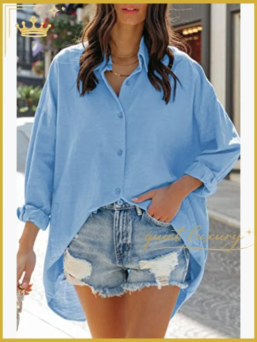 Oversized Button Down Blouse with Pockets Long Sleeve - Picture 6 of 7